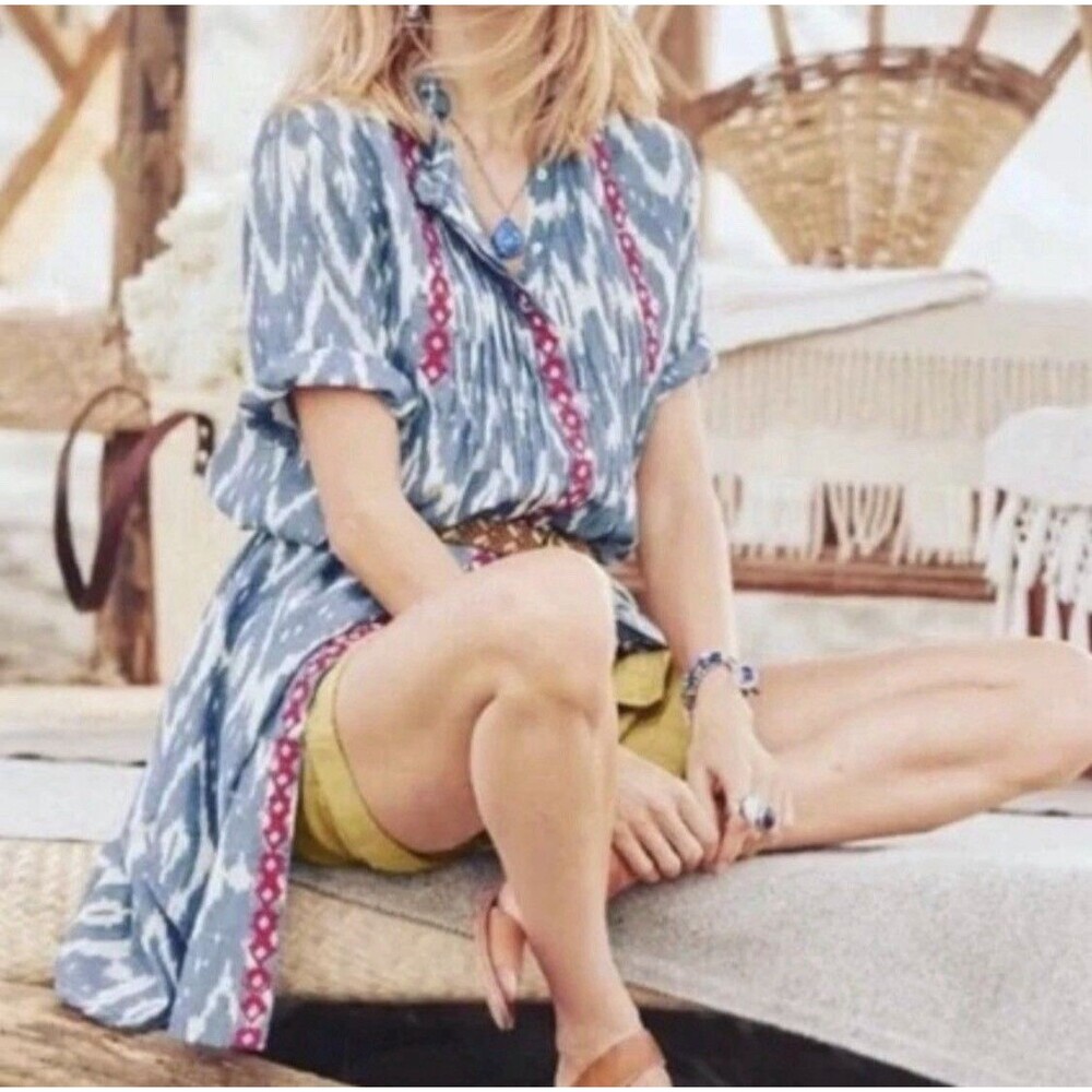 Sundance Isabel Ikat Shirt Dress With Embroidery Women Size M Beach Cottagecore